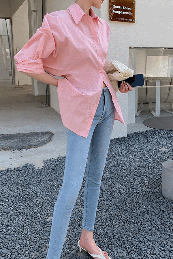 스코니 데일리 폴로카라 허리핀턱쉐입 오버핏 셔츠 (핑크)