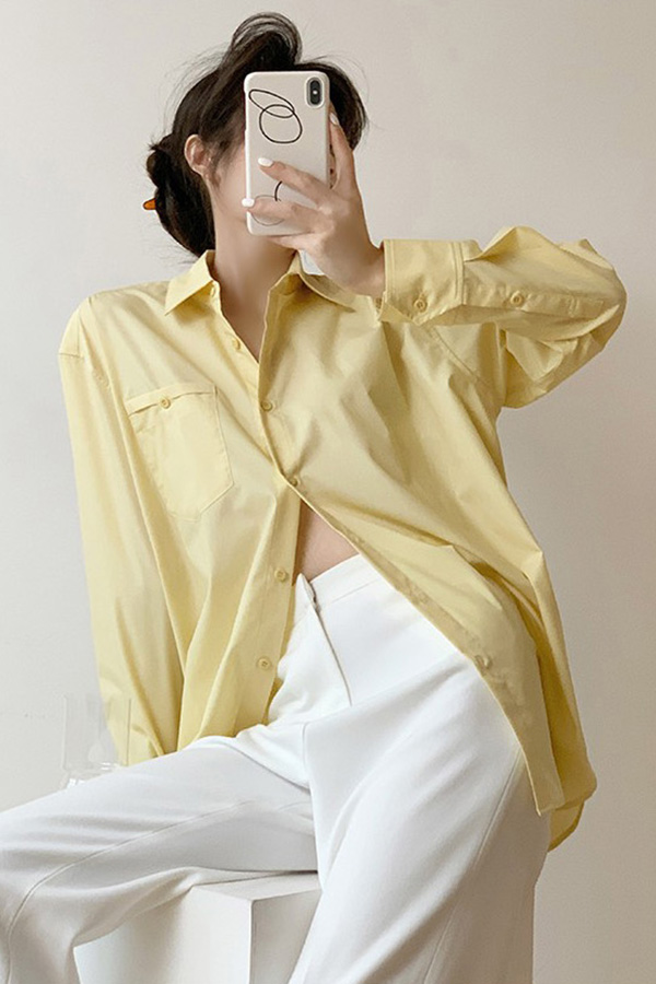 로네 폴로카라 small포켓 드롭숄더 오버핏 스프링 셔츠 (옐로우)