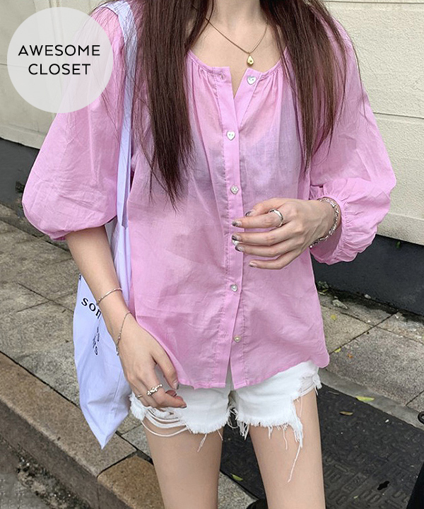 러비 벌룬 하트버튼 루즈핏 썸머 셔츠 (핑크,화이트)