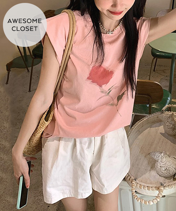 헤이즈 로지 그래픽 민소매 티셔츠 (핑크,살구)