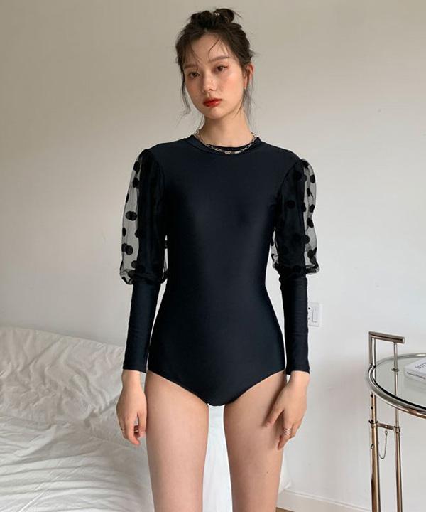 미토 시스루 도트소매 심플 백포인트 캐주얼무드 원피스수영복 (블랙)