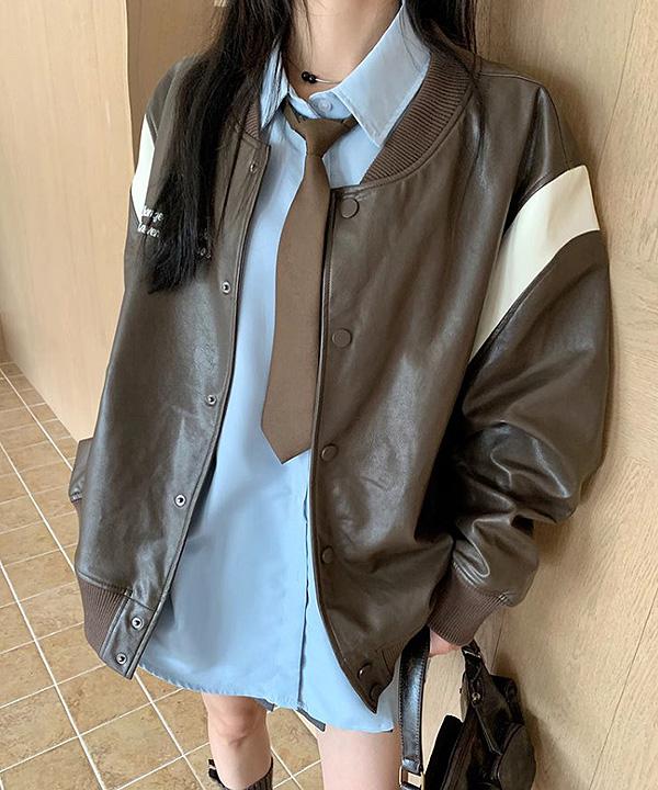 보이드 크루넥 오버핏 사선 배색 레더 블루종 자켓